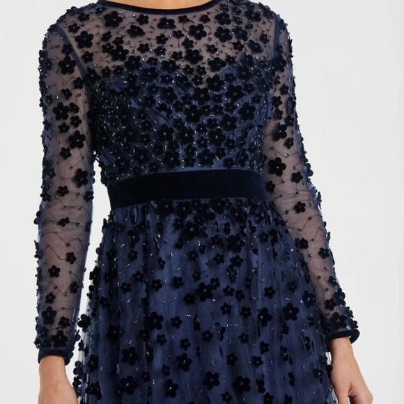 Mac Duggal Navy Velvet Embellished Illusion Long Sleeve A-Line Midi Dress - Picture 2 of 3